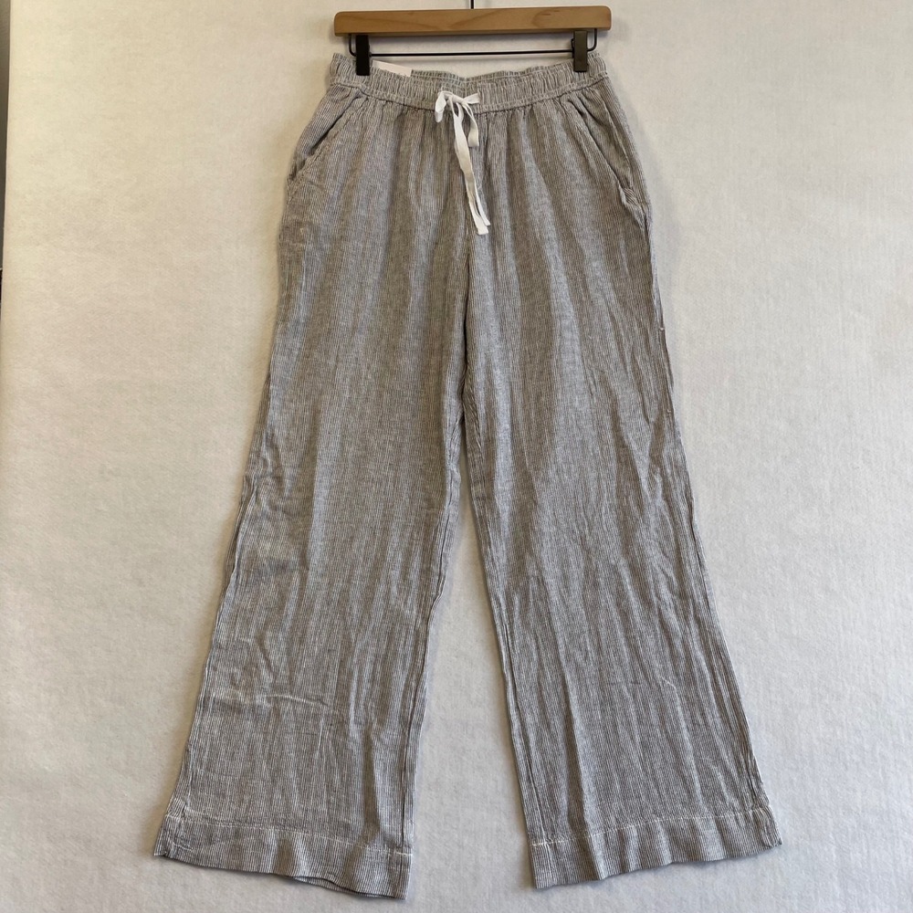 Briggs Womens Grey White Pinstripe Linen Blend Wide Leg Drawstring Pants Size M
